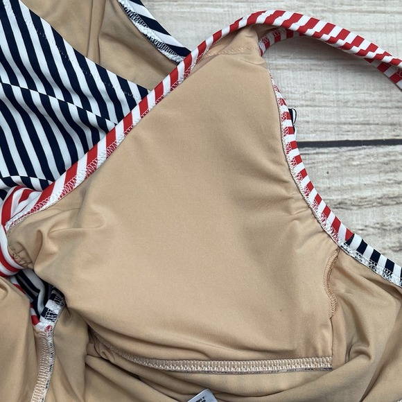 J Crew Size Medium Red White & Blue Striped Cut Out Swimsuit Bathing Suit - Picture 5 of 7